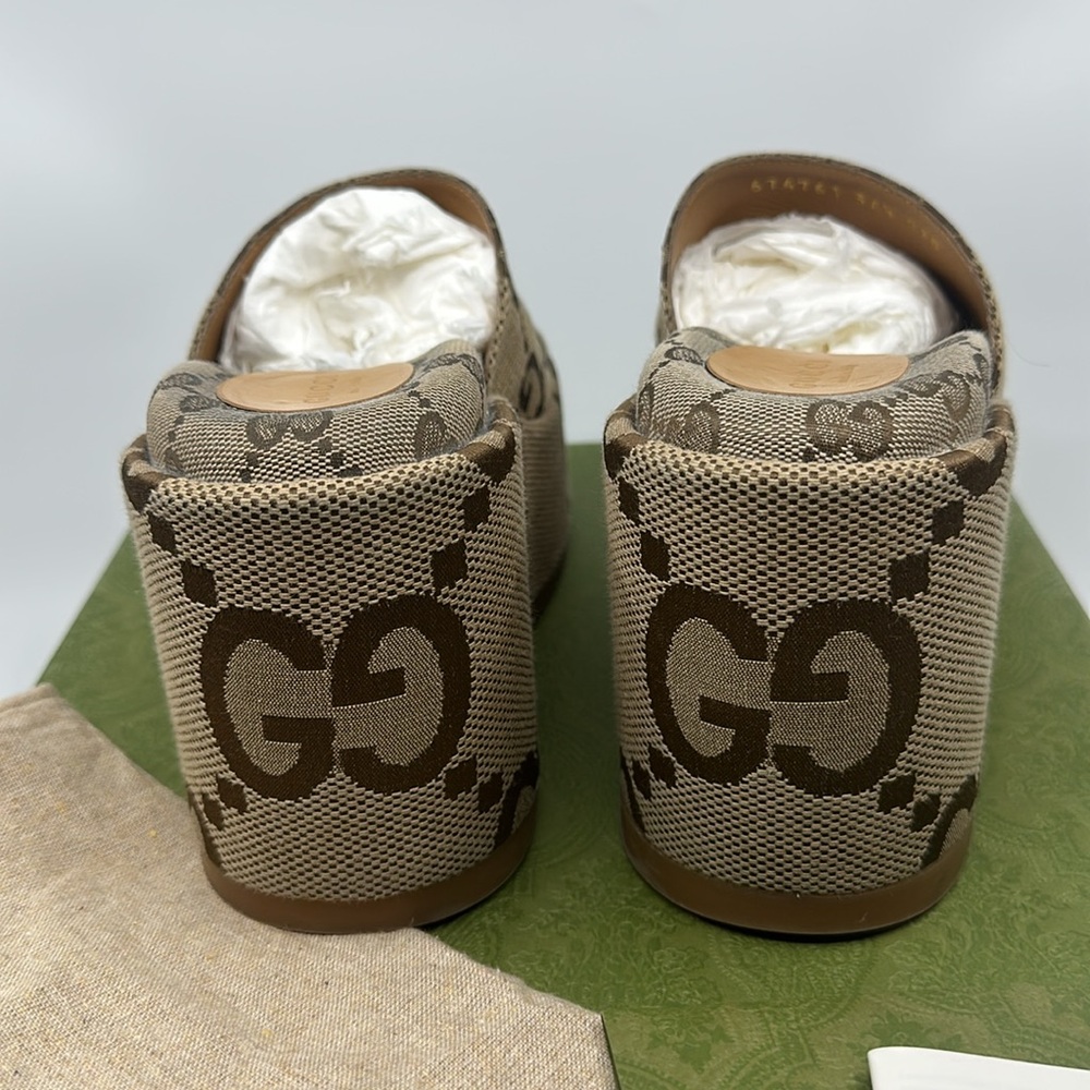 Gucci Brown Jumbo Monogram Platform Wedge Sandals, Sz 34 1/2 Box & Dustbags - Picture 6 of 16